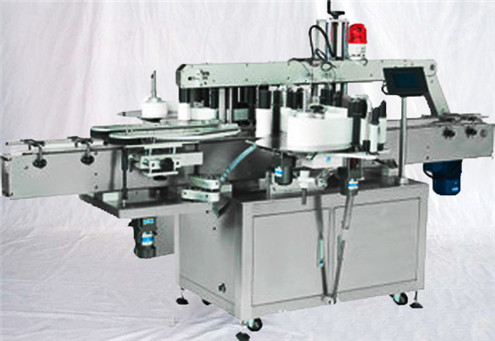 Automatic double sided labels wrapping around applicator flat round glass